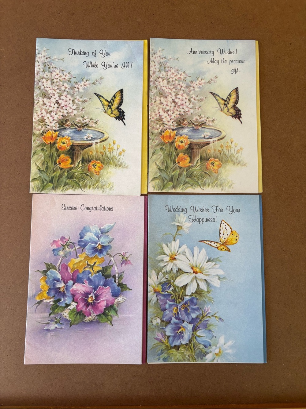 Set of 4 Vintage Floral Butterfly Greeting Cards